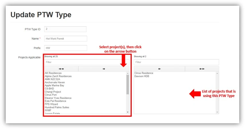 Configuring permits to work for specific projects in InSight QSE, screenshot 2